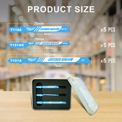 15-Piece Multi-Purpose Jigsaw Blade Set - Wood, Metal & Plastic (5×T118A + 5×T101A + 5×T101AO)