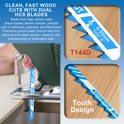 15-Piece Mixed Jigsaw Blade Set - Wood & Metal Cutting (5×T144D + 5×T118A + 5×T118B)