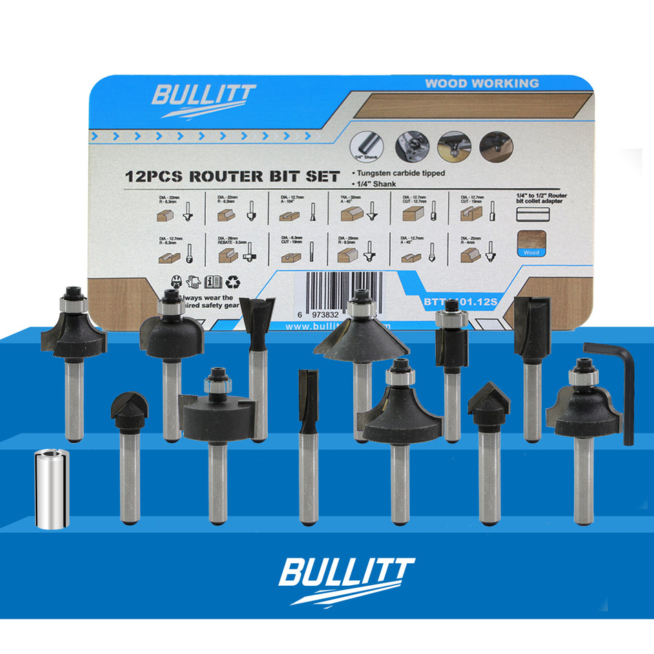 12-Piece Router Bit Set - 1/4" Tungsten Carbide Tipped with 1/2" Converter