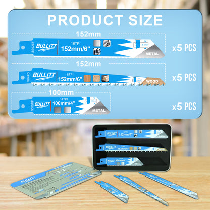 15-Piece Mixed Reciprocating Saw Blade Set - Wood & Metal (5×S644D + 5×S922EF + 5×S522BF)