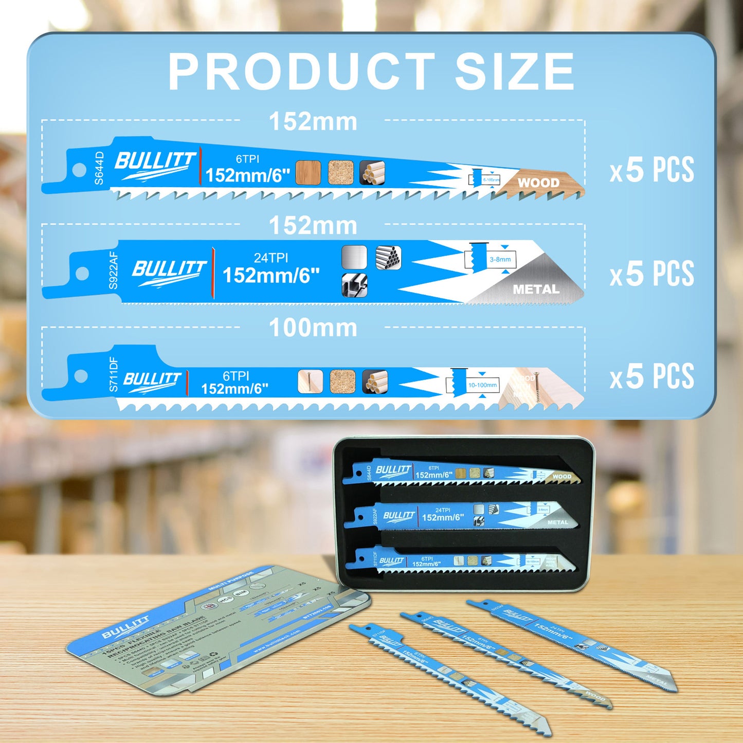 15-Piece Multi-Purpose Reciprocating Saw Blade Set - Wood, Metal & Plastic (5×S644D + 5×S922AF + 5×S711DF)