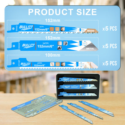 15-Piece Multi-Purpose Reciprocating Saw Blade Set - Wood, Metal & Plastic (5×S644D + 5×S922AF + 5×S711DF)
