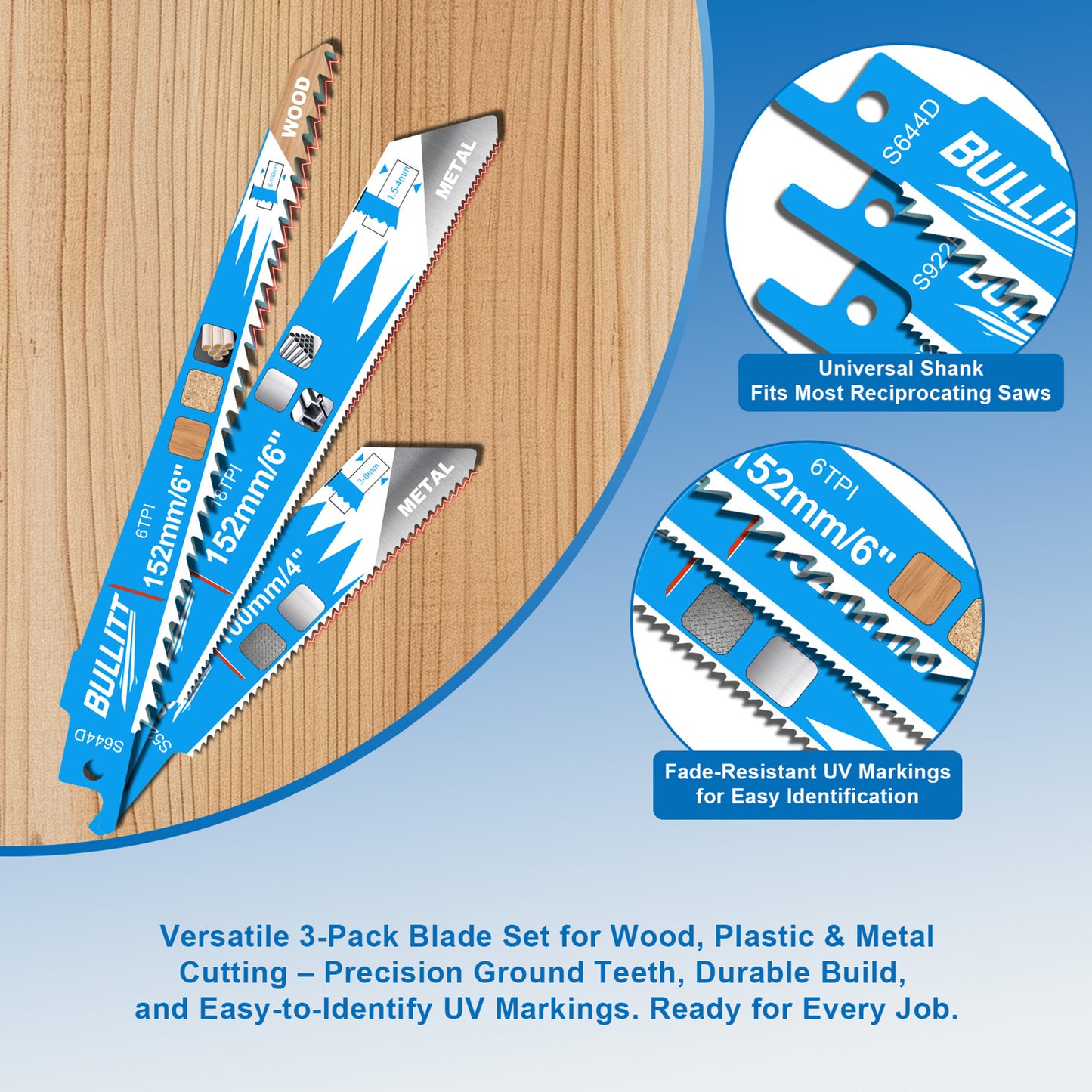 15-Piece Mixed Reciprocating Saw Blade Set - Wood & Metal (5×S644D + 5×S922EF + 5×S522BF)