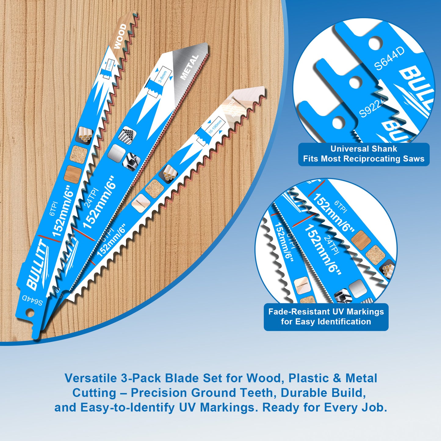 15-Piece Multi-Purpose Reciprocating Saw Blade Set - Wood, Metal & Plastic (5×S644D + 5×S922AF + 5×S711DF)