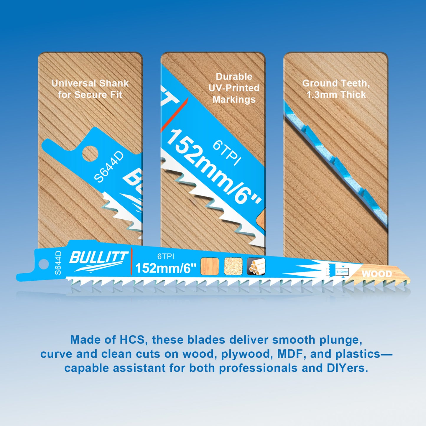 15-Piece S644D Reciprocating Saw Blade Set - 152mm HCS for Wood (6 TPI)