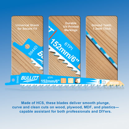 15-Piece S644D Reciprocating Saw Blade Set - 152mm HCS for Wood (6 TPI)