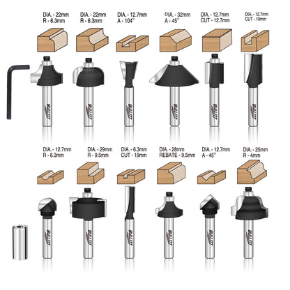 12-Piece Router Bit Set - 1/4" Tungsten Carbide Tipped with 1/2" Converter