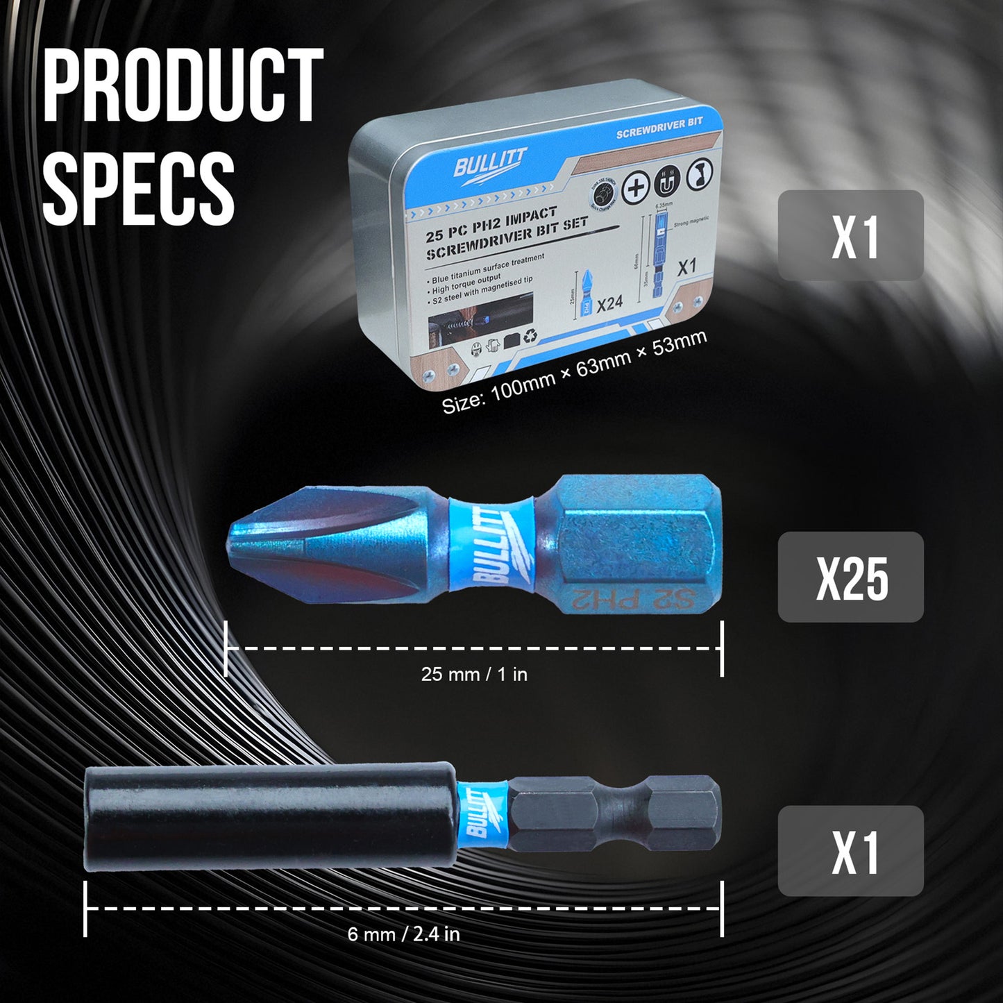 24-Piece PH2 Screwdriver Bit Set - S2 Steel Impact Bits with Magnetic Holder