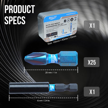 24-Piece PH2 Screwdriver Bit Set - S2 Steel Impact Bits with Magnetic Holder