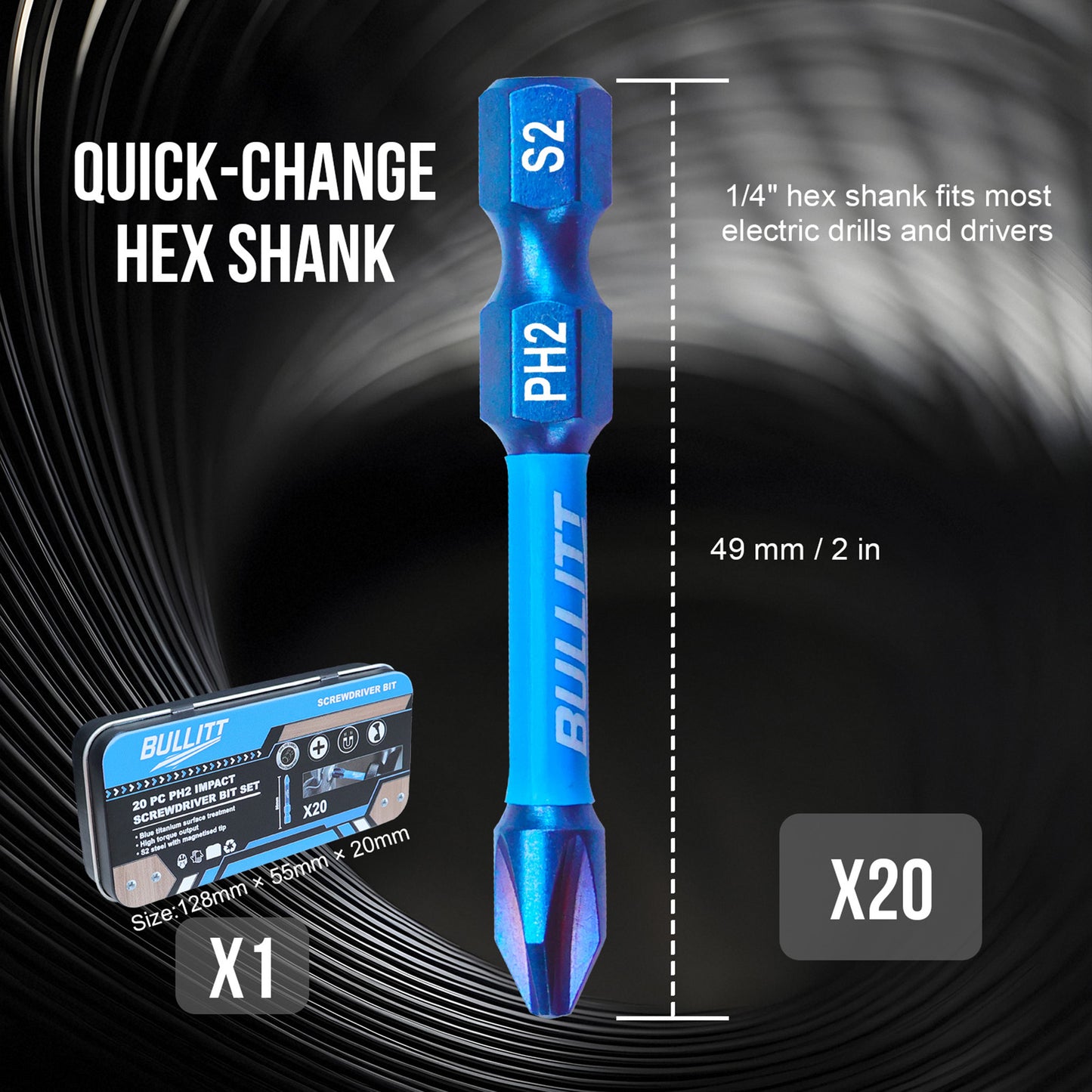 20-Piece 50mm PH2 Screwdriver Bit Set - S2 Steel Long Impact Bits