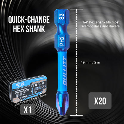 20-Piece 50mm PH2 Screwdriver Bit Set - S2 Steel Long Impact Bits