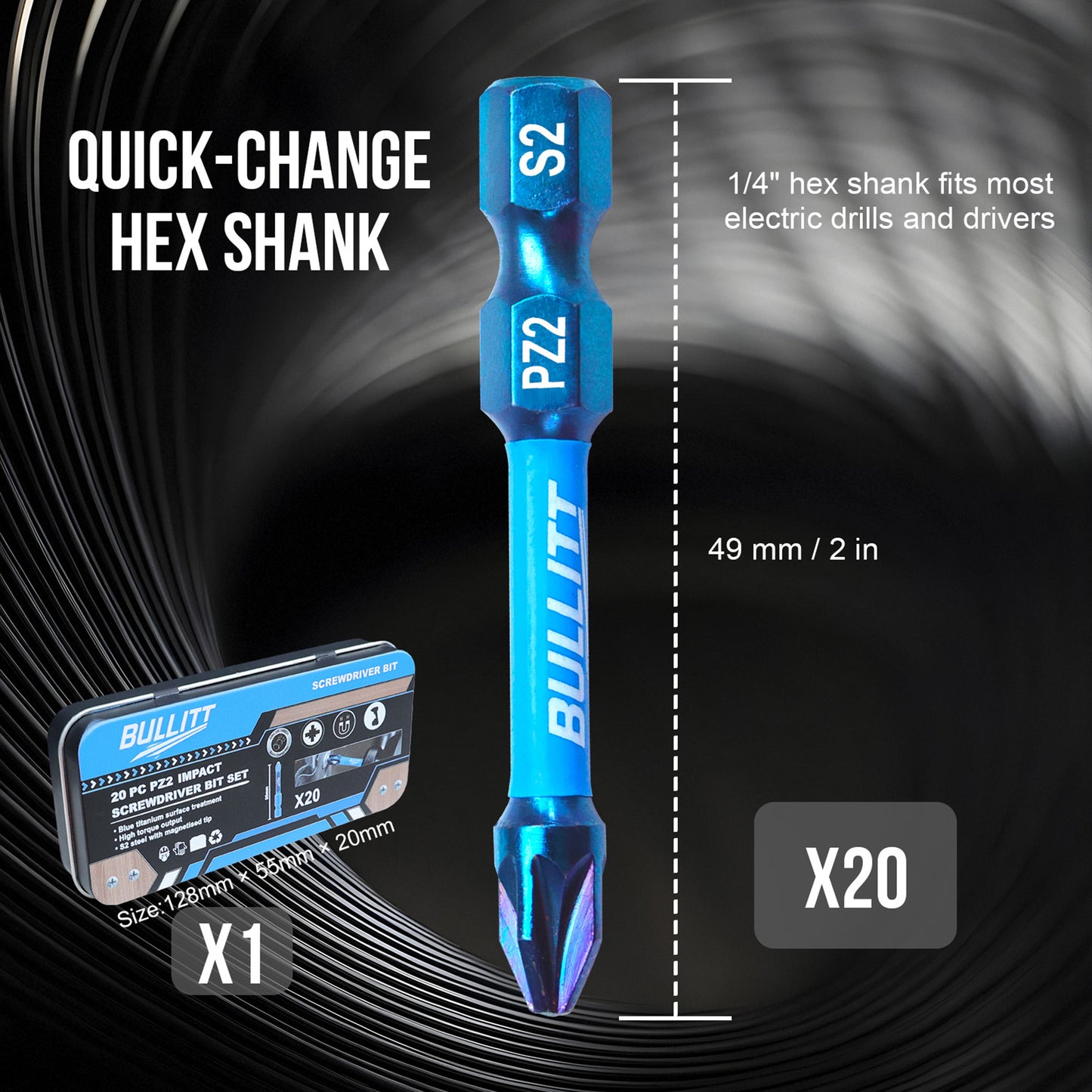 20-Piece 50mm PZ2 Screwdriver Bit Set - S2 Steel Long PoziDriv Impact Bits