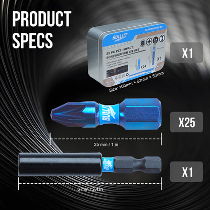 24-Piece PZ2 Screwdriver Bit Set - S2 Steel Impact Bits with Magnetic Holder
