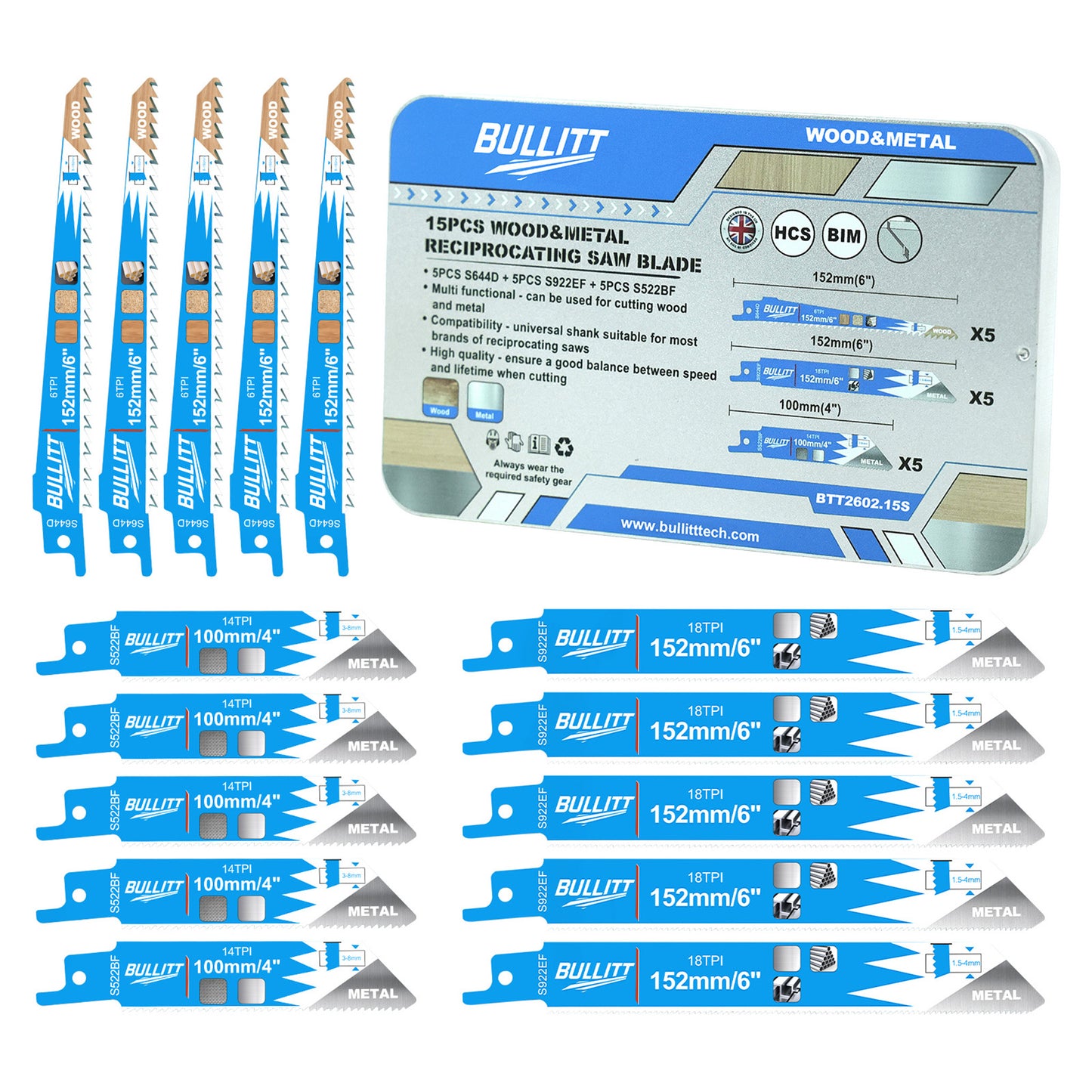 15-Piece Mixed Reciprocating Saw Blade Set - Wood & Metal (5×S644D + 5×S922EF + 5×S522BF)