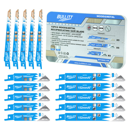 15-Piece Mixed Reciprocating Saw Blade Set - Wood & Metal (5×S644D + 5×S922EF + 5×S522BF)
