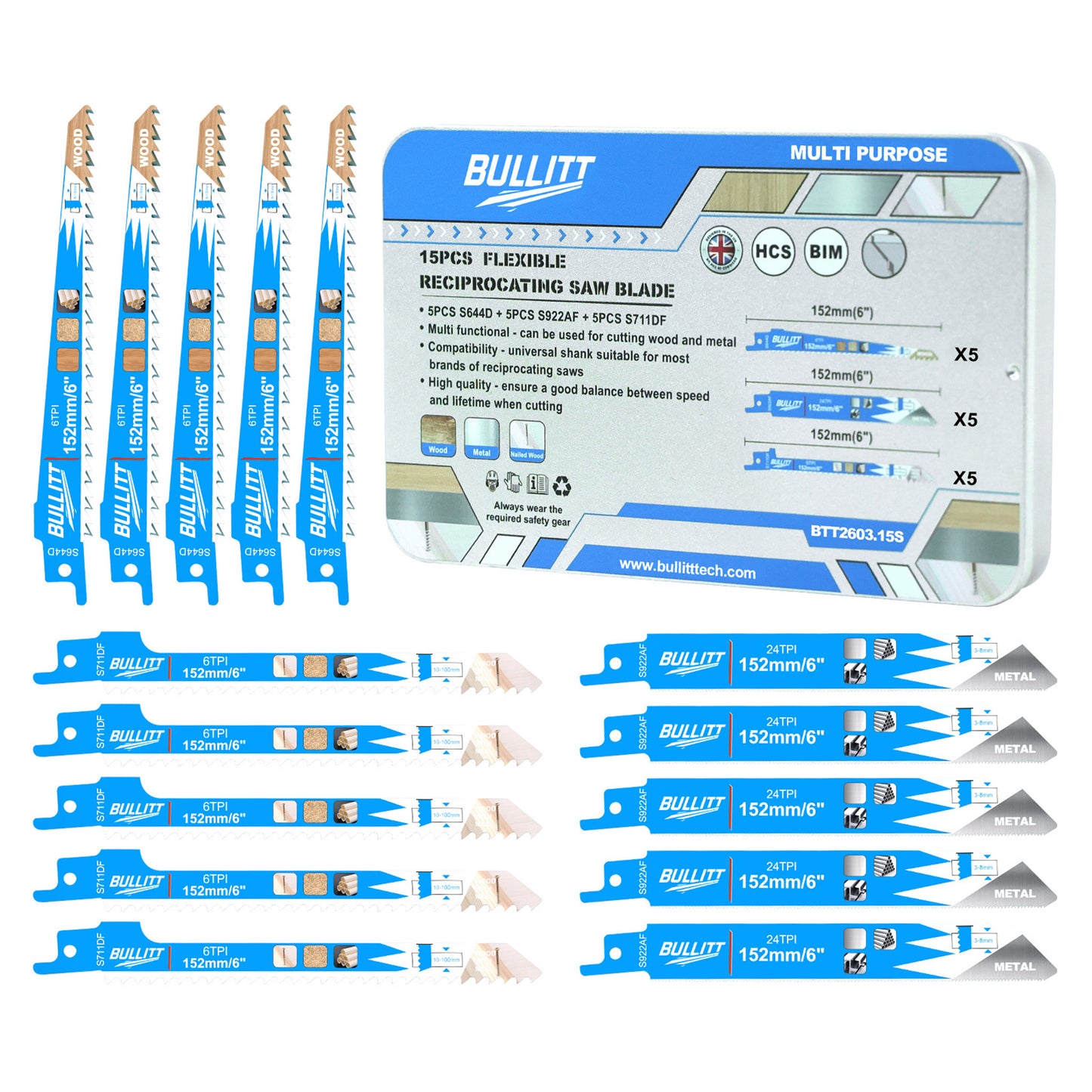 15-Piece Multi-Purpose Reciprocating Saw Blade Set - Wood, Metal & Plastic (5×S644D + 5×S922AF + 5×S711DF)