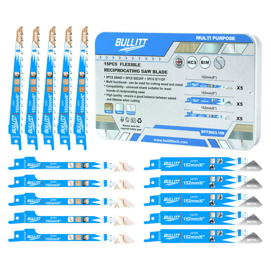 15-Piece Multi-Purpose Reciprocating Saw Blade Set - Wood, Metal & Plastic (5×S644D + 5×S922AF + 5×S711DF)