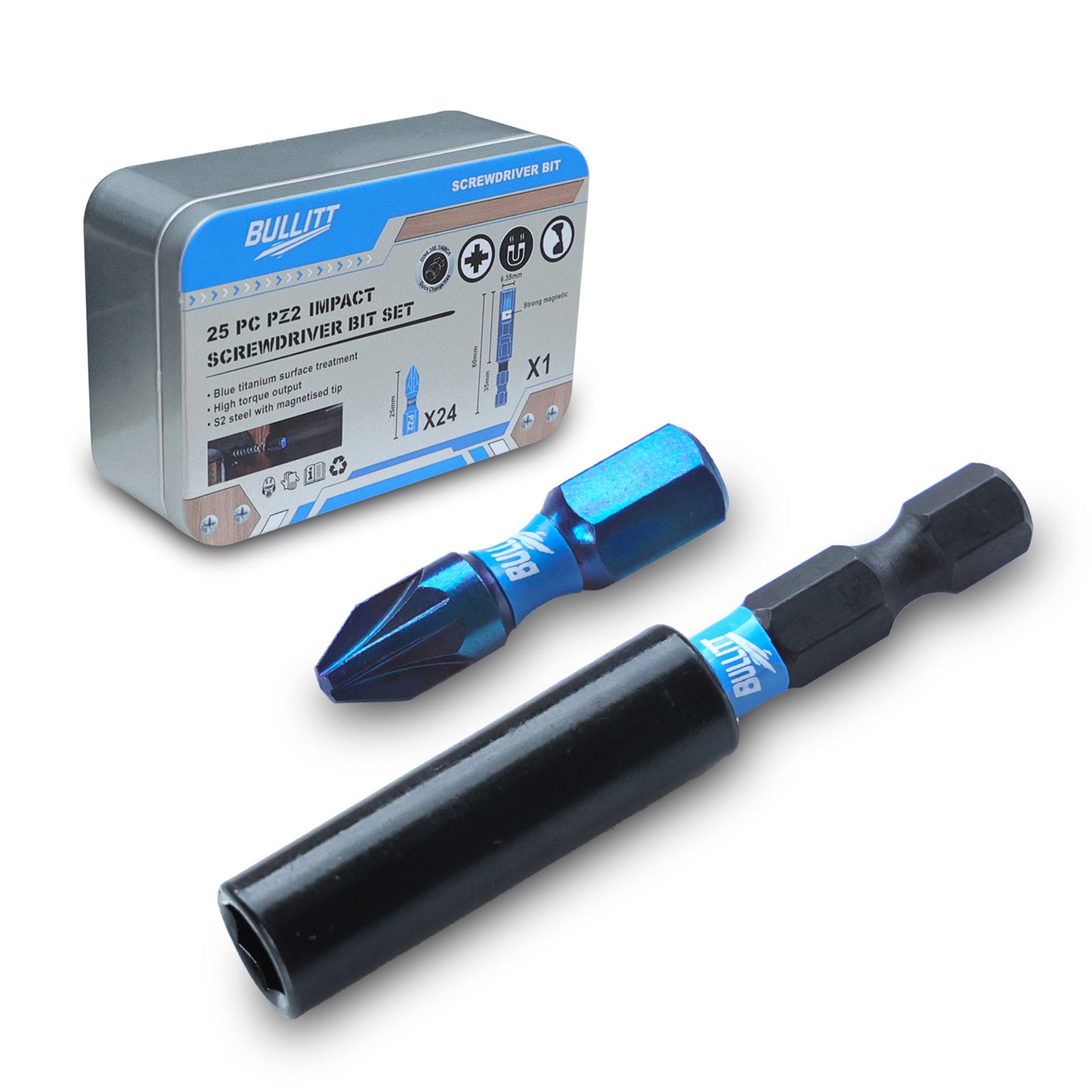 24-Piece PZ2 Screwdriver Bit Set - S2 Steel Impact Bits with Magnetic Holder