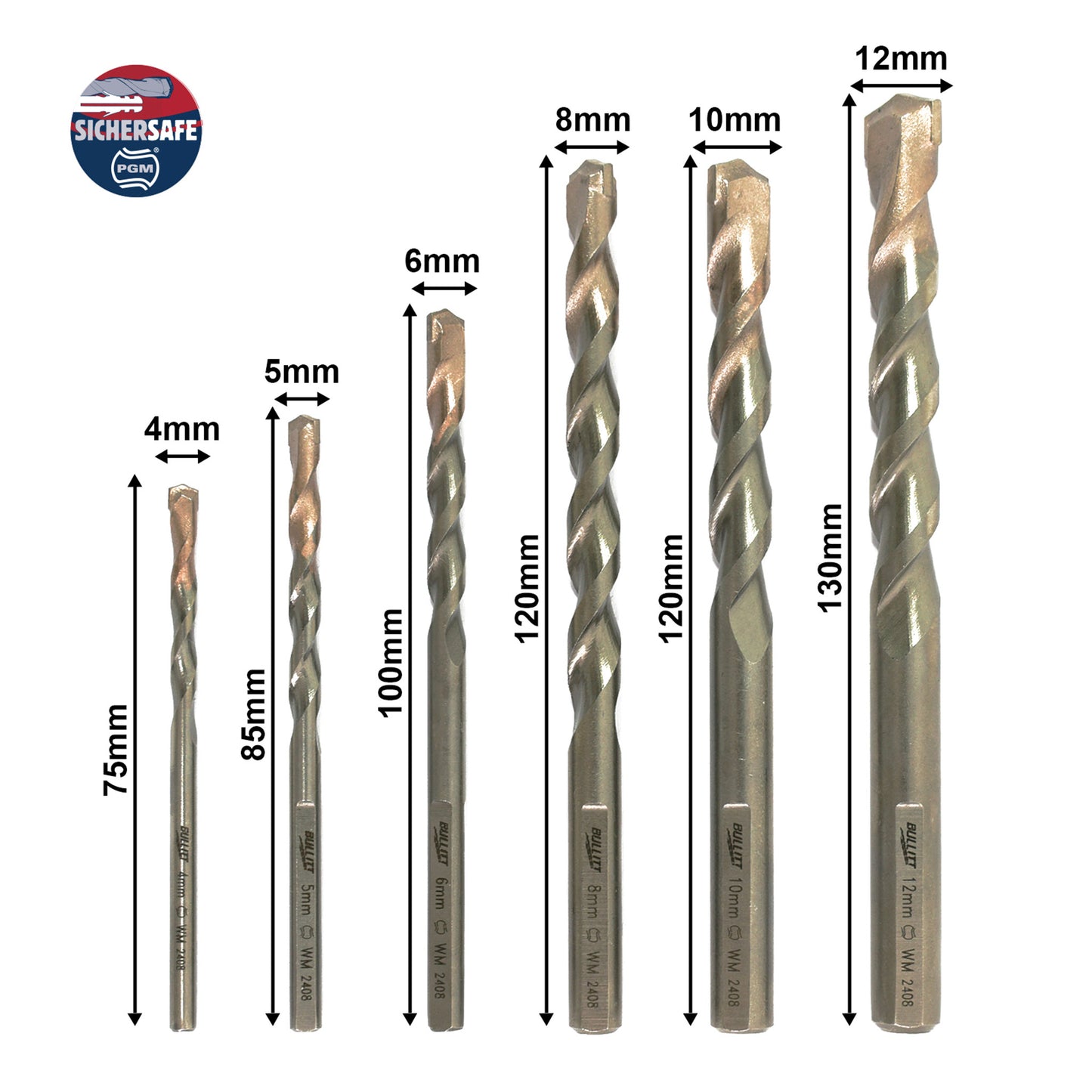 6-Piece Masonry Drill Bit Set - PGM Certified for Concrete, Brick & Stone (4-12mm)