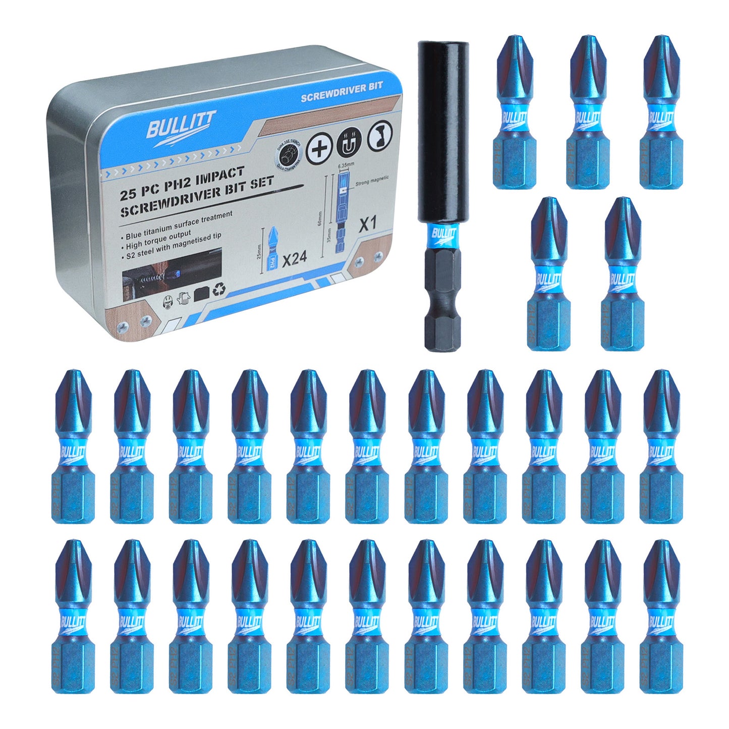24-Piece PH2 Screwdriver Bit Set - S2 Steel Impact Bits with Magnetic Holder