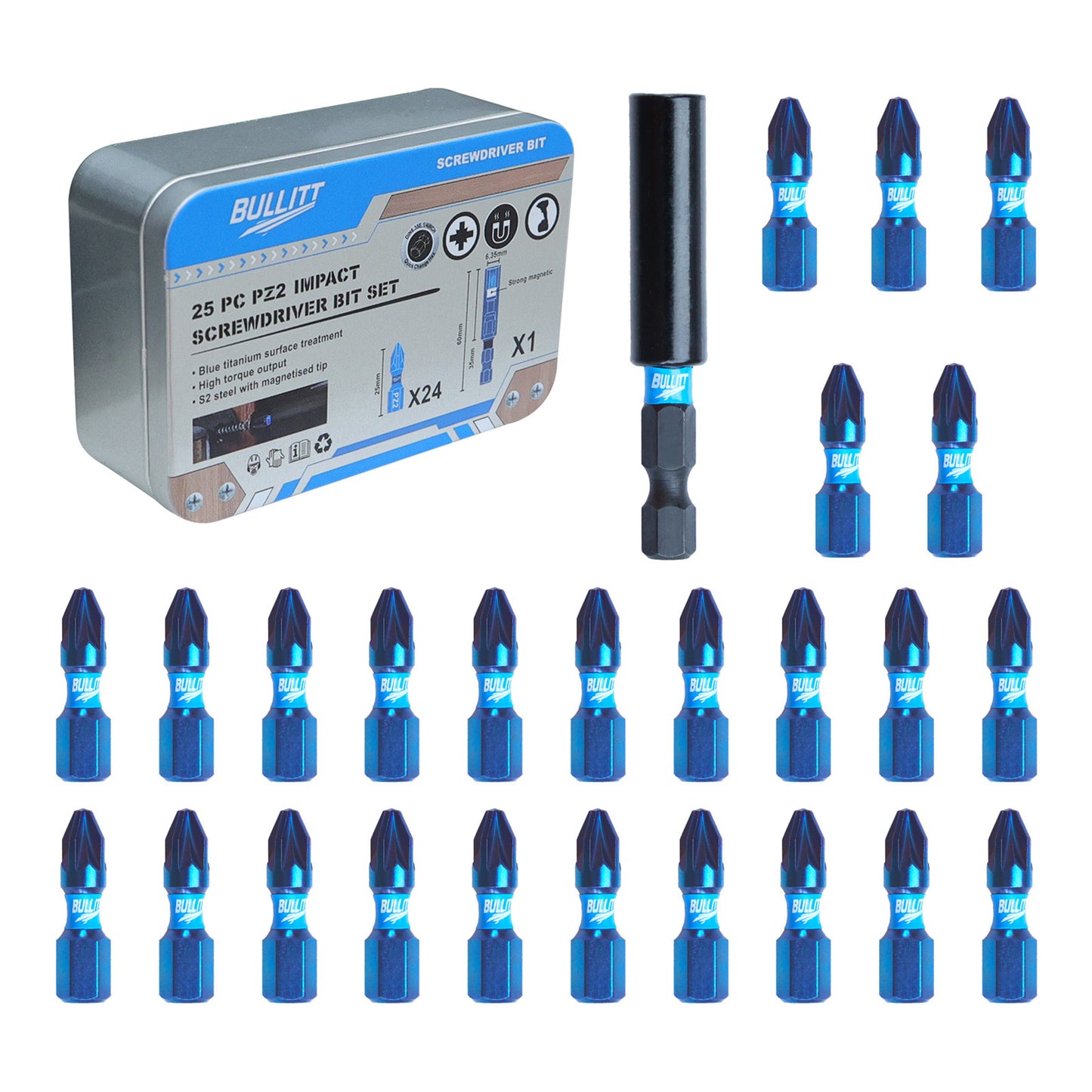 24-Piece PZ2 Screwdriver Bit Set - S2 Steel Impact Bits with Magnetic Holder