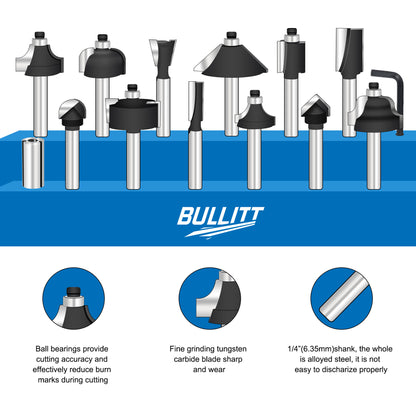 12-Piece Router Bit Set - 1/4" Tungsten Carbide Tipped with 1/2" Converter