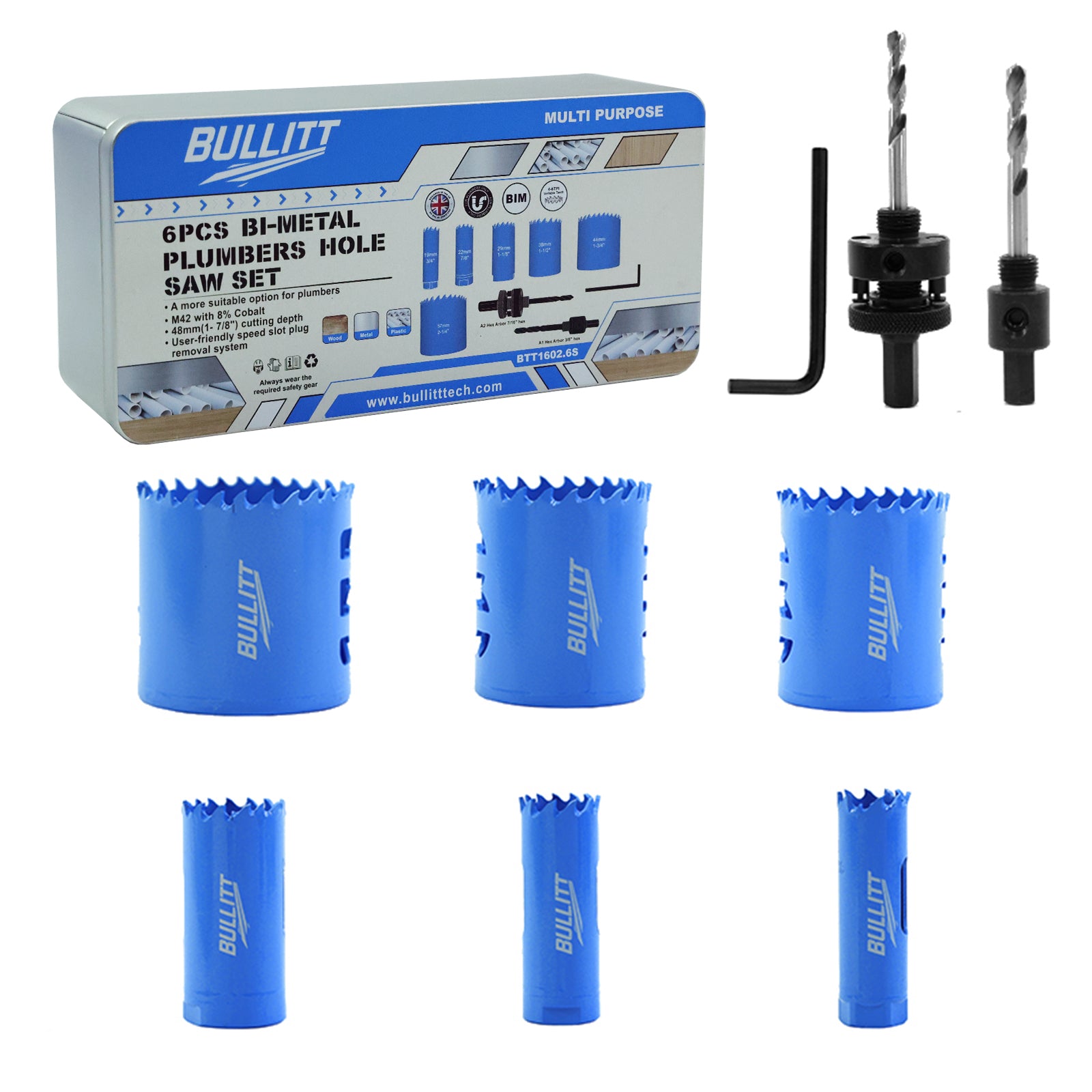 BULLITT 6PCS Bi-Mteal Plumbers Hole Saw Set,19-57mm 8% Cobalt M42 Hole Saw Kit with 2 Arbors and a Hexagonal Wrench for Wood,Metal,Plastic,Cutting Depth:48mm