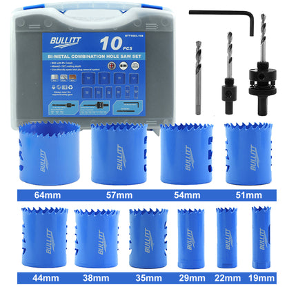 10-Piece Combination Hole Saw Set - M42 Bi-Metal 19-64mm with 2 Arbors & Pilot Drill