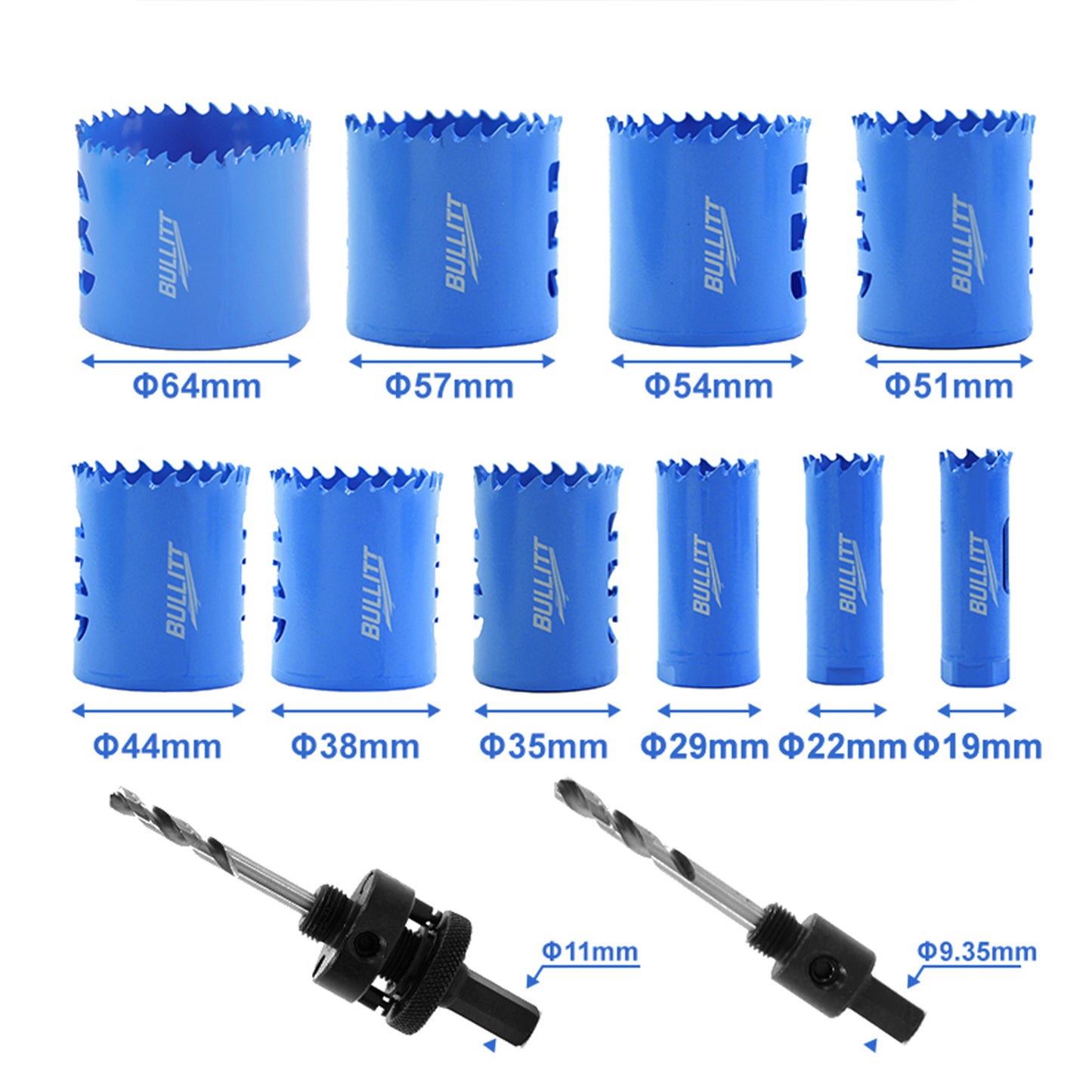 10-Piece Combination Hole Saw Set - M42 Bi-Metal 19-64mm with 2 Arbors & Pilot Drill