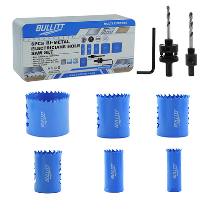 6-Piece Electricians Hole Saw Set - M42 Bi-Metal 22-64mm with 2 Arbors