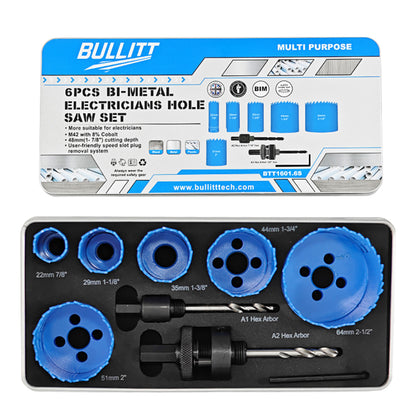 6-Piece Electricians Hole Saw Set - M42 Bi-Metal 22-64mm with 2 Arbors