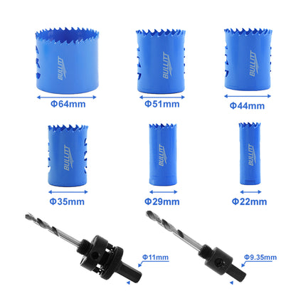 6-Piece Electricians Hole Saw Set - M42 Bi-Metal 22-64mm with 2 Arbors