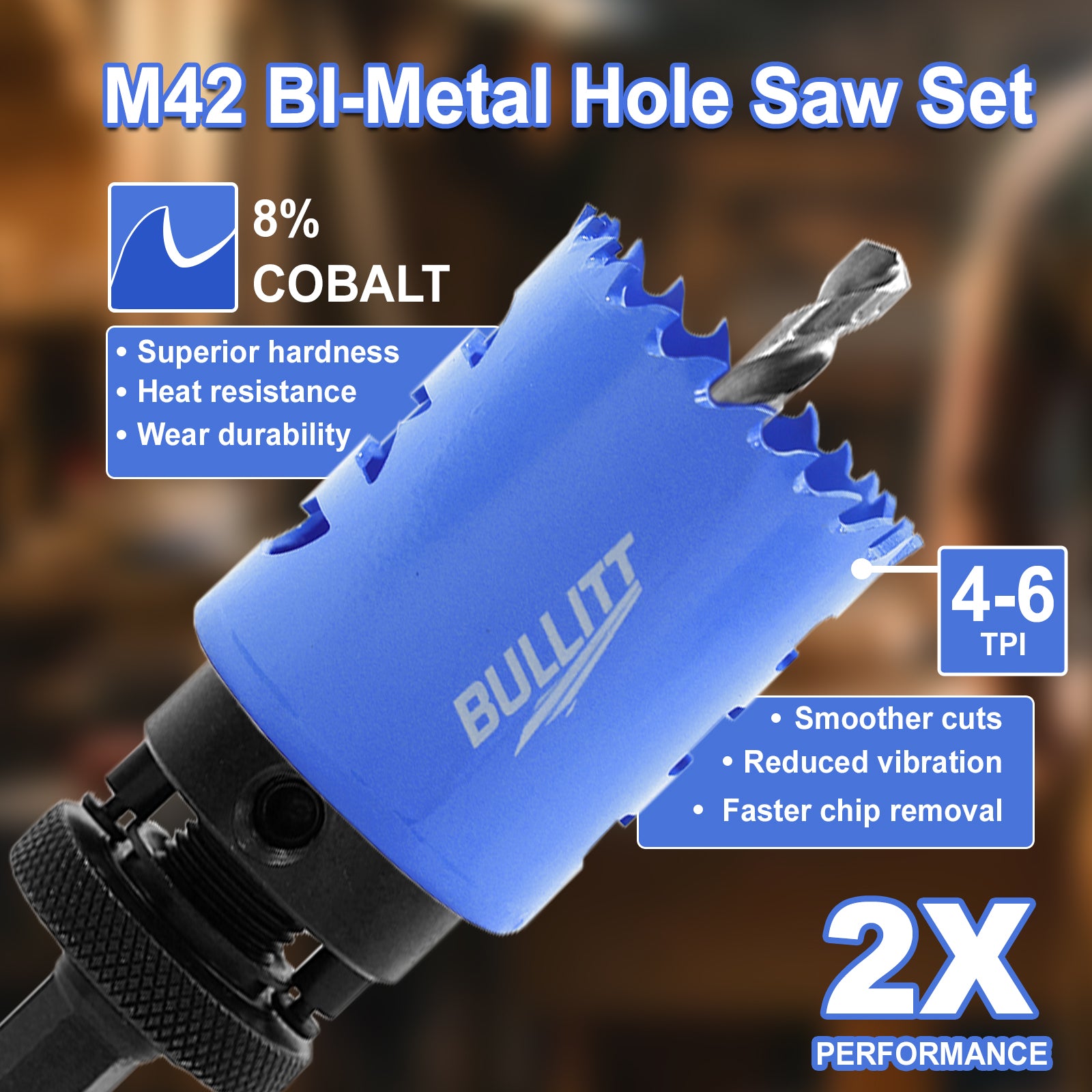 BULLITT 6PCS Bi-Mteal Plumbers Hole Saw Set,19-57mm 8% Cobalt M42 Hole Saw Kit with 2 Arbors and a Hexagonal Wrench for Wood,Metal,Plastic,Cutting Depth:48mm