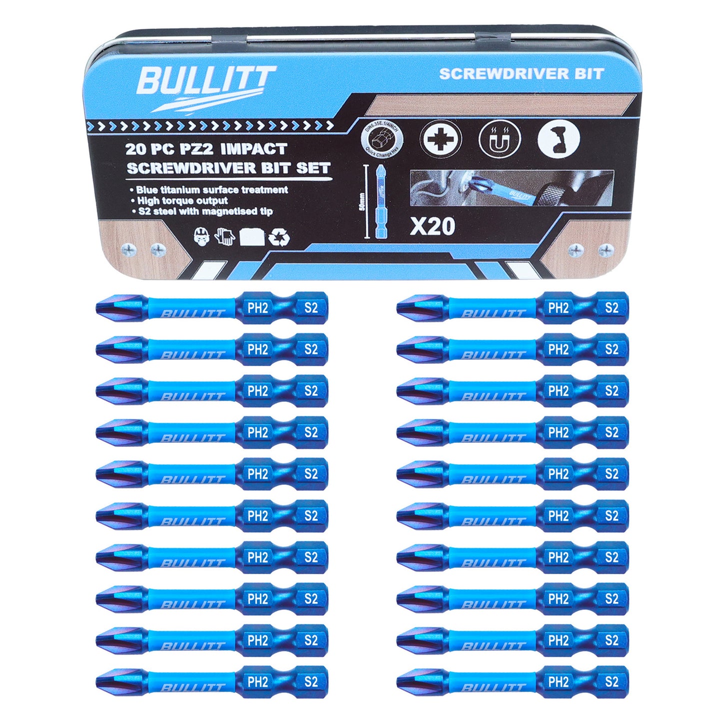 20-Piece 50mm PH2 Screwdriver Bit Set - S2 Steel Long Impact Bits
