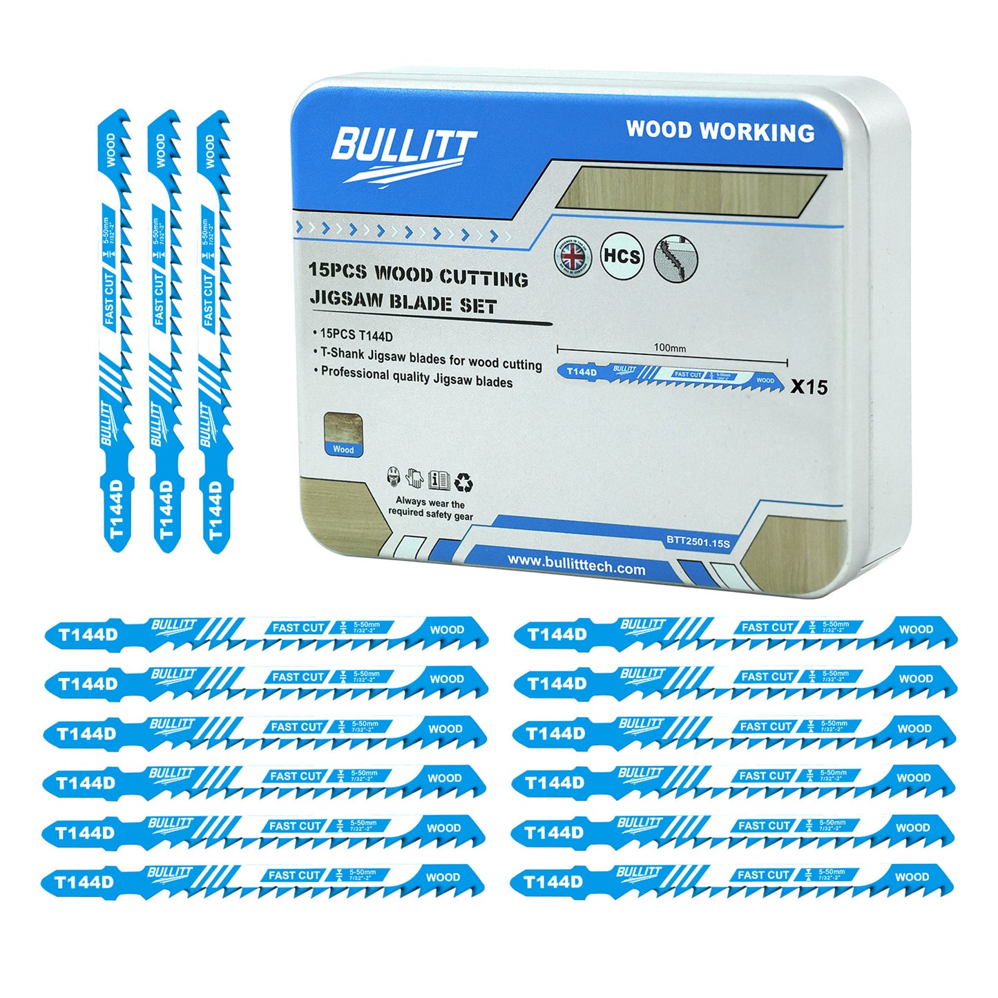 15-Piece T144D Jigsaw Blade Set - 100mm HCS for Fast Wood Cutting (6 TPI)
