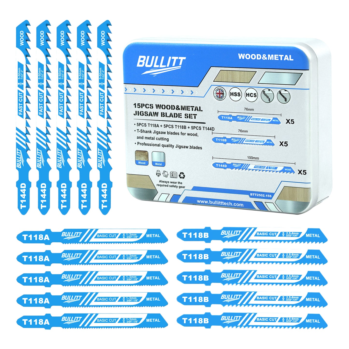 15-Piece Mixed Jigsaw Blade Set - Wood & Metal Cutting (5×T144D + 5×T118A + 5×T118B)