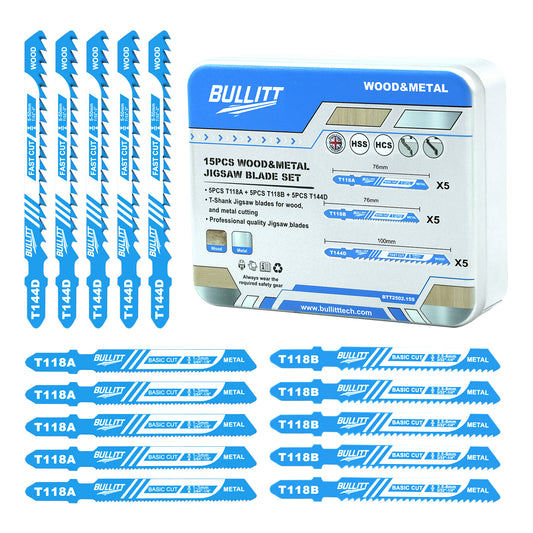 15-Piece Mixed Jigsaw Blade Set - Wood & Metal Cutting (5×T144D + 5×T118A + 5×T118B)