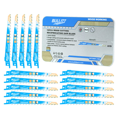 15-Piece S644D Reciprocating Saw Blade Set - 152mm HCS for Wood (6 TPI)