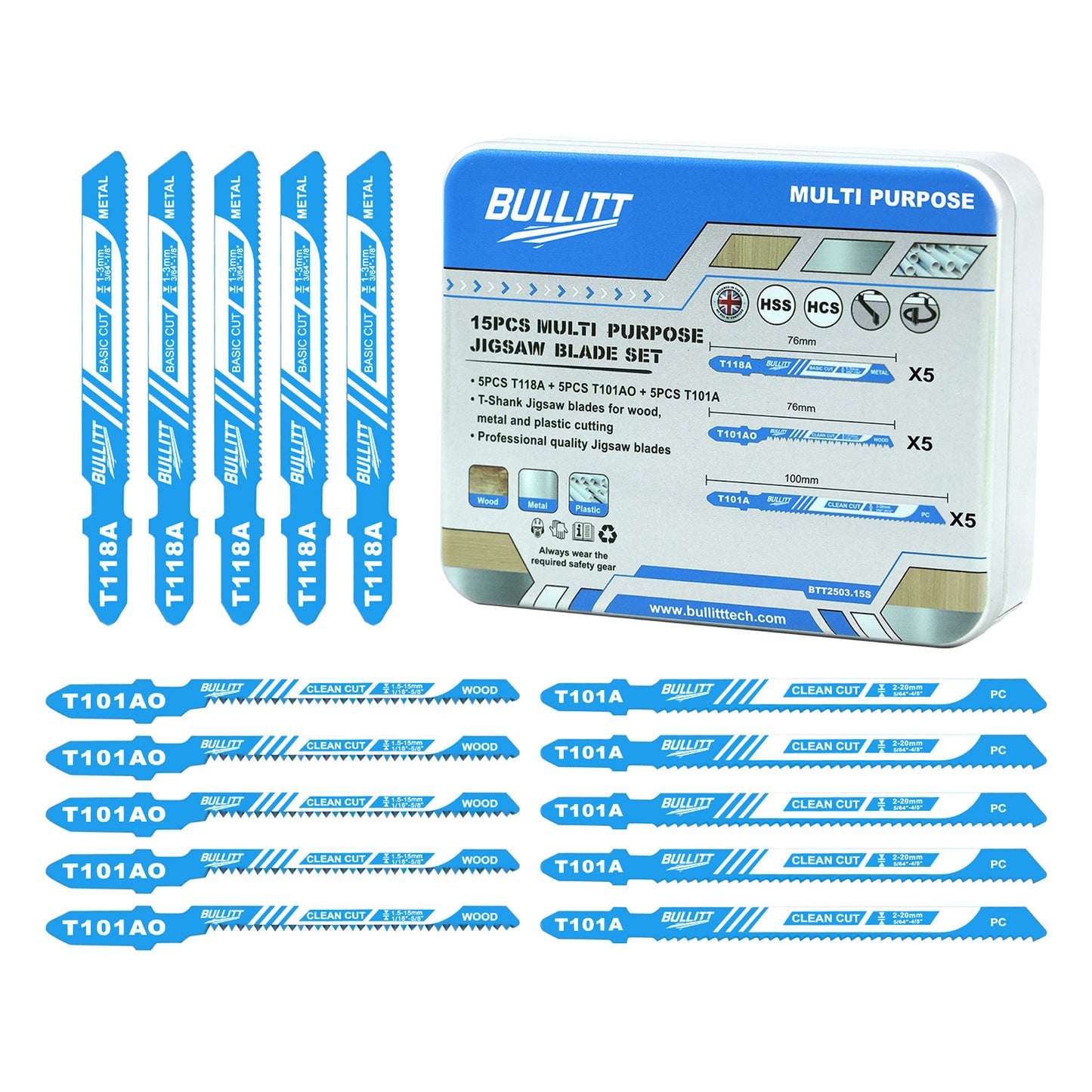 15-Piece Multi-Purpose Jigsaw Blade Set - Wood, Metal & Plastic (5×T118A + 5×T101A + 5×T101AO)