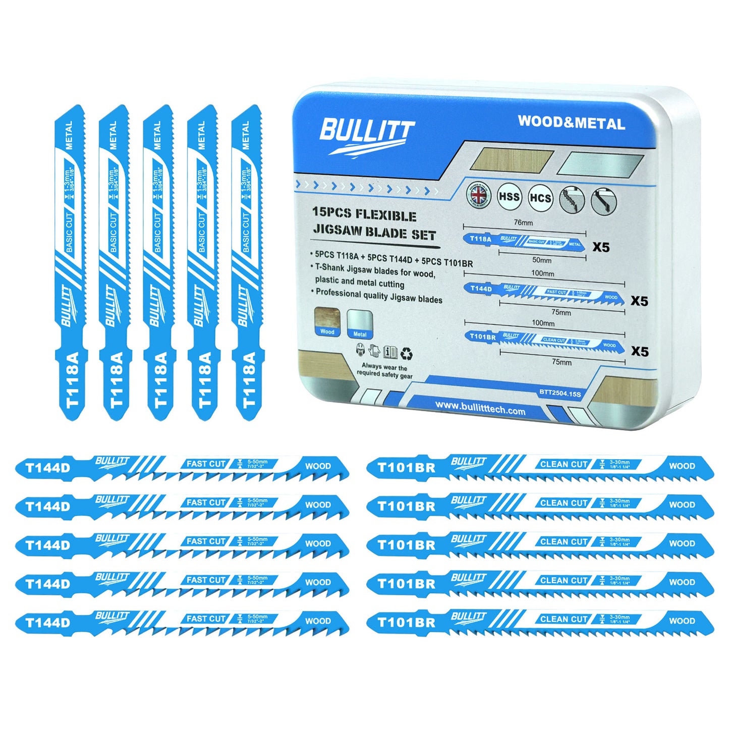 15-Piece Flexible Jigsaw Blade Set - Wood, Metal & Plastic (5×T144D + 5×T118A + 5×T101BR)