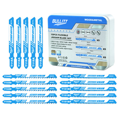 15-Piece Flexible Jigsaw Blade Set - Wood, Metal & Plastic (5×T144D + 5×T118A + 5×T101BR)