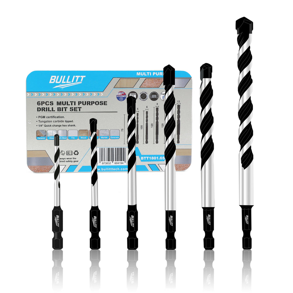 6-Piece Multi-Purpose Drill Bit Set - Quick Change Hex Shank (4-12mm)
